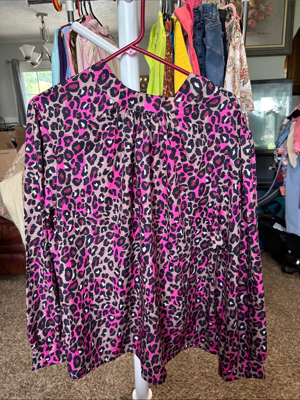 SHEIN Pink and Black Leopard Print Long Sleeve Blouse